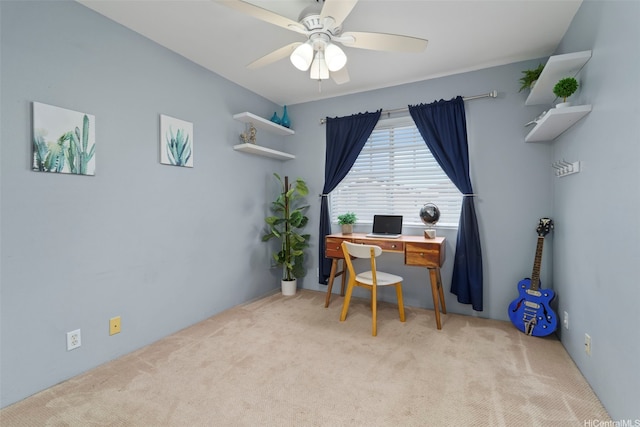 home office with carpet and ceiling fan