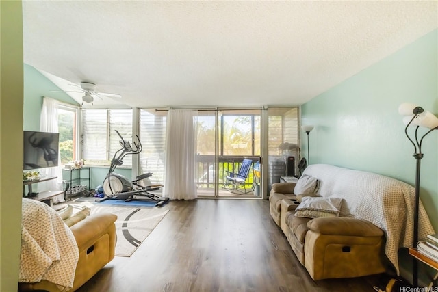 living room with a ceiling fan and wood finished floors