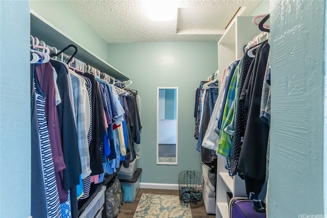 spacious closet featuring wood finished floors and attic access