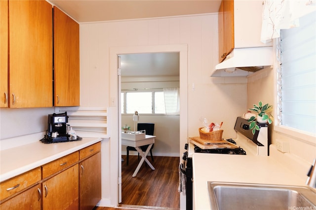 kitchen with dark wood-style floors, light countertops, white gas stove, premium range hood, and brown cabinetry