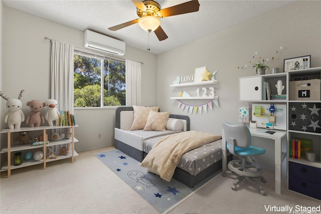 98-1724 Kaahumanu St Unit 16C, Pearl City, HI 96782 - carpeted bedroom featuring a textured ceiling, ceiling fan, and a wall mounted AC