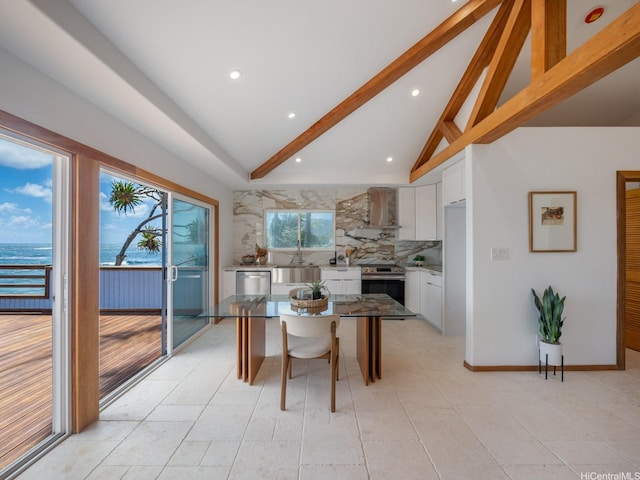 dining area featuring beam ceiling, a water view, baseboards, recessed lighting, and high vaulted ceiling