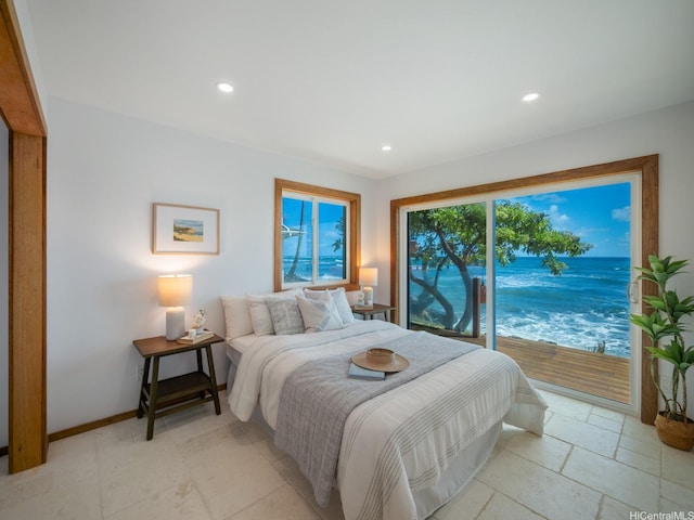 bedroom with recessed lighting, baseboards, and access to outside