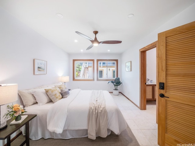 bedroom with a ceiling fan and recessed lighting
