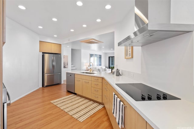 1772 Kumakani Loop, Honolulu, HI 96821 - kitchen featuring appliances with stainless steel finishes, island range hood, a sink, light wood-style flooring, and recessed lighting