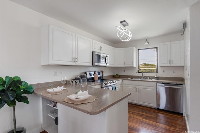 kitchen featuring dark wood-style flooring, a sink, white cabinets, a peninsula, and stainless steel appliances