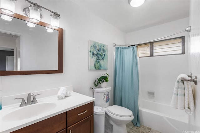 bathroom featuring vanity, shower / bathtub combination with curtain, tile patterned floors, and toilet