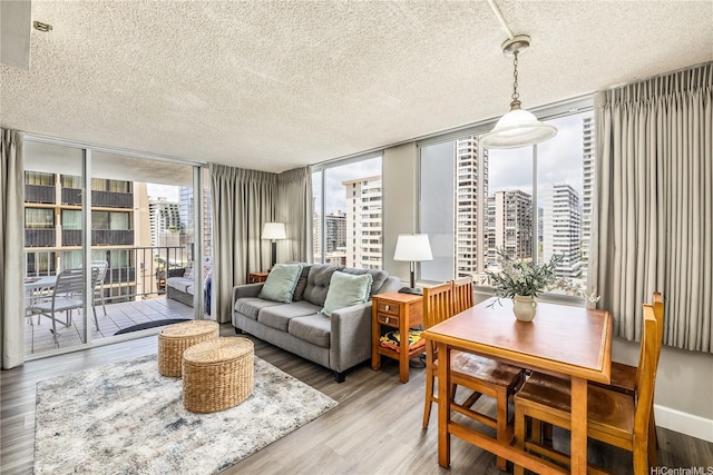 living area with a textured ceiling, wood finished floors, a city view, and floor to ceiling windows