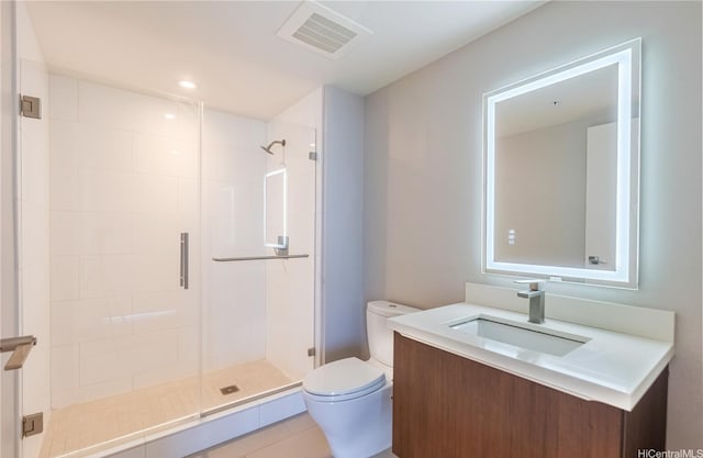 full bath with toilet, vanity, visible vents, and a stall shower