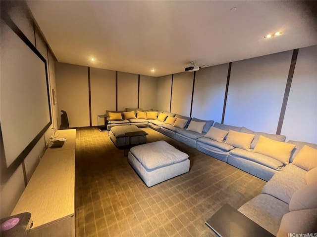 home theater room featuring carpet floors and recessed lighting