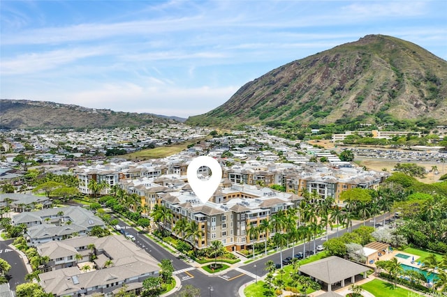 drone / aerial view featuring a mountain view and a residential view