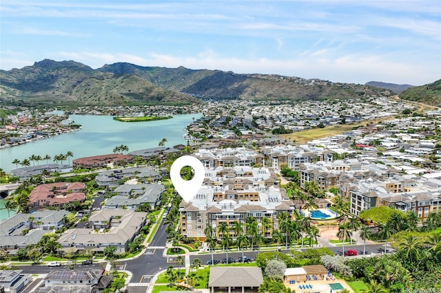 aerial view with a residential view and a water and mountain view