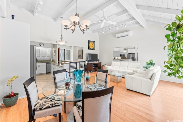 44-3612 Nilu St Unit 9/2, Kaneohe, HI 96744 - dining space with a wall unit AC, track lighting, wooden ceiling, light wood-type flooring, and a chandelier