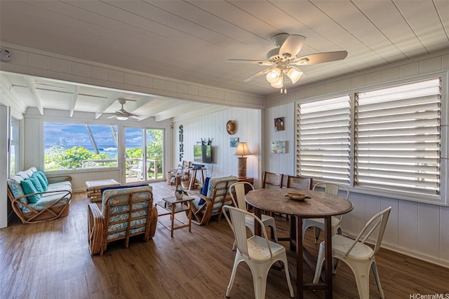 59-75 Hoalua St, Haleiwa, HI 96712 - dining area featuring ceiling fan, wood finished floors, and wooden ceiling