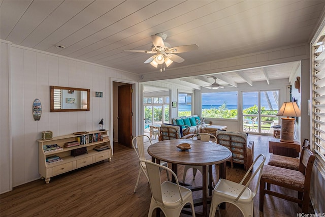 59-75 Hoalua St, Haleiwa, HI 96712 - dining space featuring dark wood-type flooring, a ceiling fan, and wooden ceiling