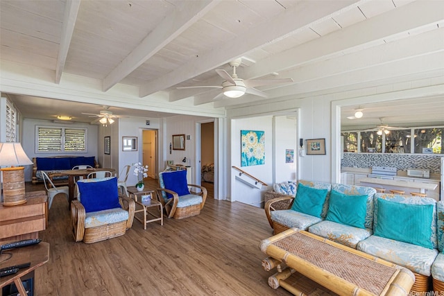 59-75 Hoalua St, Haleiwa, HI 96712 - living area featuring ceiling fan, wood finished floors, and beamed ceiling