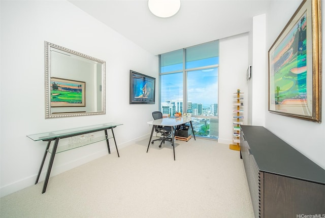 carpeted home office with baseboards and a wall of windows