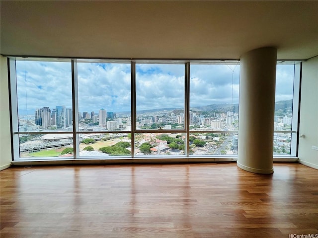 spare room featuring baseboards, a city view, wood finished floors, and floor to ceiling windows