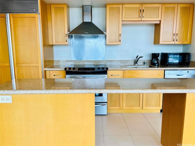 kitchen featuring wall chimney exhaust hood, stainless steel electric stove, a sink, paneled built in refrigerator, and black microwave
