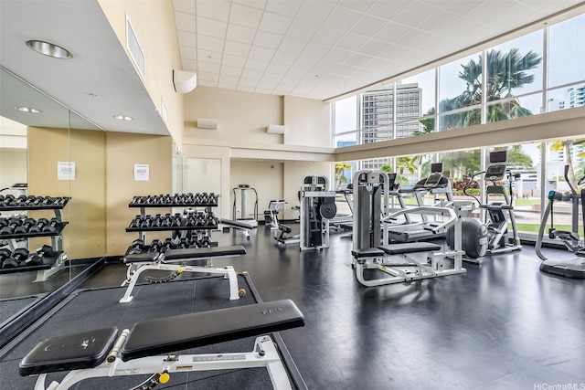 exercise room featuring a towering ceiling and visible vents