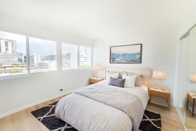 bedroom featuring light wood-style flooring, a closet, baseboards, and a view of city