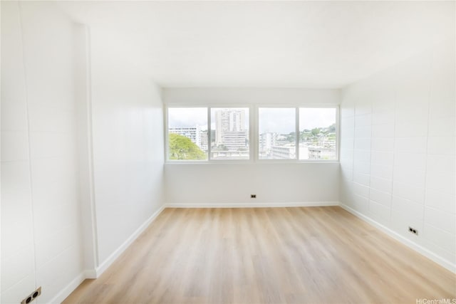empty room featuring plenty of natural light, light wood-style flooring, and baseboards