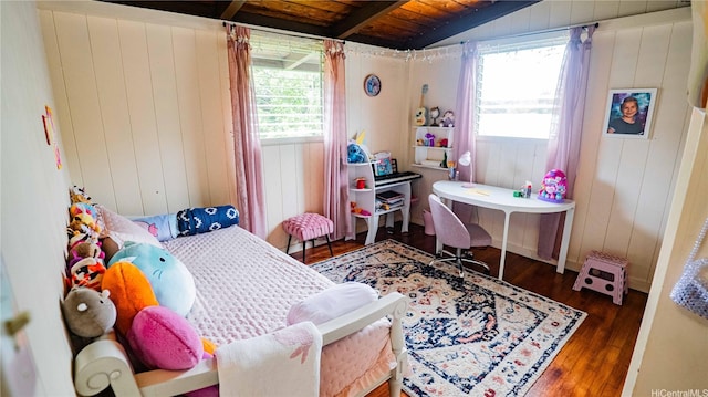 95-059 Waihonu St, Mililani, HI 96789 - bedroom featuring wooden ceiling, wood walls, wood finished floors, and vaulted ceiling with beams