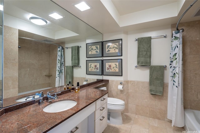 425 S St Unit 1401, Honolulu, HI 96813 - bathroom with a tray ceiling, tile walls, tile patterned floors, a shower with curtain, and vanity