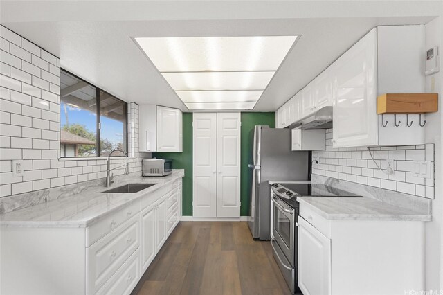 kitchen featuring under cabinet range hood, appliances with stainless steel finishes, decorative backsplash, and a sink