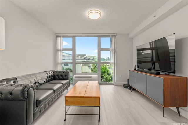 living room with baseboards, light wood-style flooring, expansive windows, and a textured ceiling