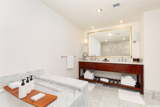 223 Saratoga Rd Unit 3703, Honolulu, HI 96815 - bathroom featuring marble finish floor, a shower, double vanity, visible vents, and recessed lighting
