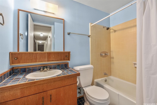 bathroom with toilet, vanity, and shower / bathtub combination with curtain