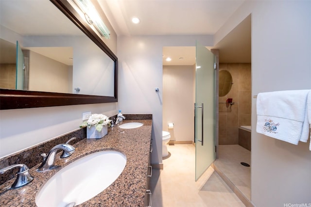1837 Kalakaua Ave Unit 3304, Honolulu, HI 96815 - bathroom with tiled shower, toilet, double vanity, recessed lighting, and tile patterned flooring