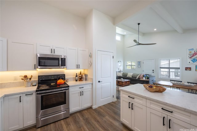 45-842 Anoi Rd Unit E, Kaneohe, HI 96744 - kitchen with appliances with stainless steel finishes, a high ceiling, white cabinets, beamed ceiling, and dark wood-type flooring