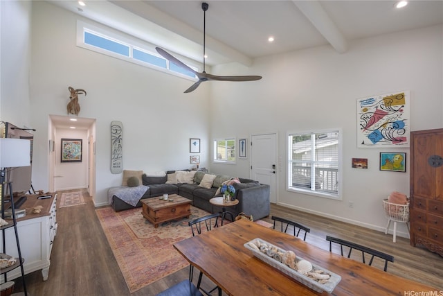 45-842 Anoi Rd Unit E, Kaneohe, HI 96744 - living room featuring a towering ceiling, beam ceiling, a ceiling fan, wood finished floors, and plenty of natural light