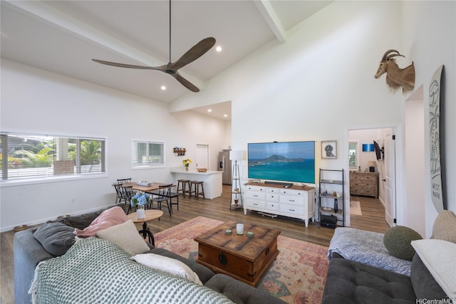 45-842 Anoi Rd Unit E, Kaneohe, HI 96744 - living room featuring beamed ceiling, high vaulted ceiling, wood finished floors, and ceiling fan
