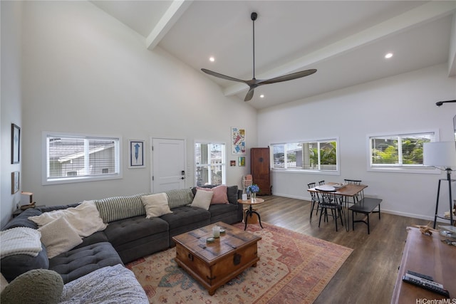 45-842 Anoi Rd Unit E, Kaneohe, HI 96744 - living room with high vaulted ceiling, beam ceiling, plenty of natural light, ceiling fan, and wood finished floors