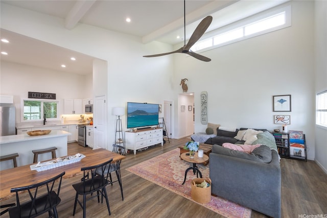 45-842 Anoi Rd Unit E, Kaneohe, HI 96744 - living room with a towering ceiling, recessed lighting, plenty of natural light, beamed ceiling, and dark wood finished floors
