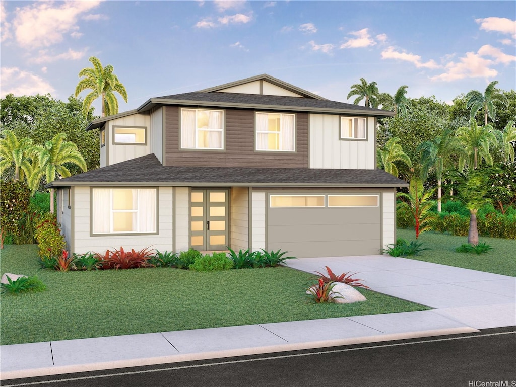 traditional home with driveway, a shingled roof, a front yard, and a garage
