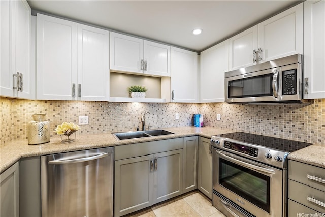 kitchen with open shelves, white cabinetry, tasteful backsplash, a sink, and stainless steel appliances