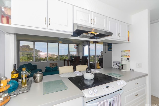 2600 Pualani Way Unit 1201, Honolulu, HI 96815 - kitchen with light countertops, white cabinets, under cabinet range hood, and white range with electric stovetop