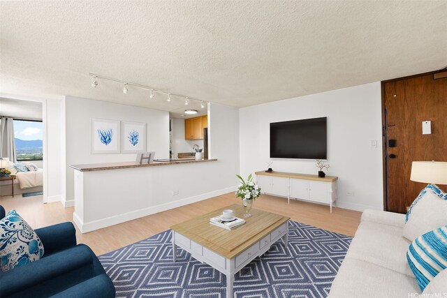 living area featuring baseboards, a textured ceiling, and light wood finished floors