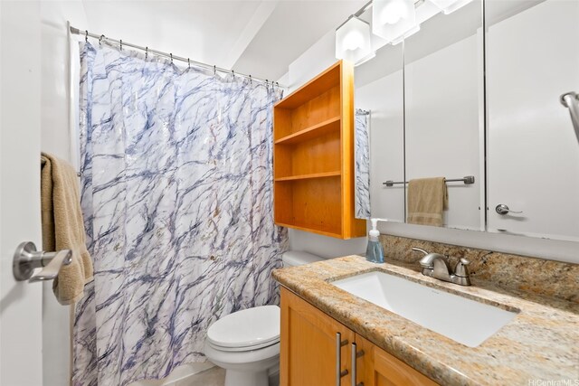 bathroom with toilet, a shower with curtain, and vanity