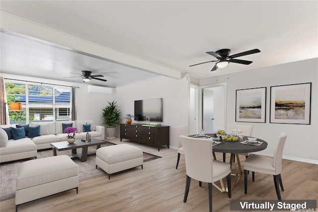 45-533 Pahia Rd, Kaneohe, HI 96744 - living area featuring baseboards, a wall mounted AC, a ceiling fan, and light wood-style flooring
