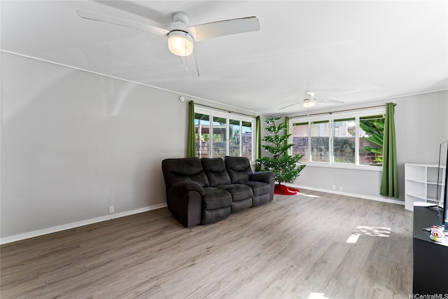 45-533 Pahia Rd, Kaneohe, HI 96744 - living area featuring baseboards, plenty of natural light, a ceiling fan, and wood finished floors