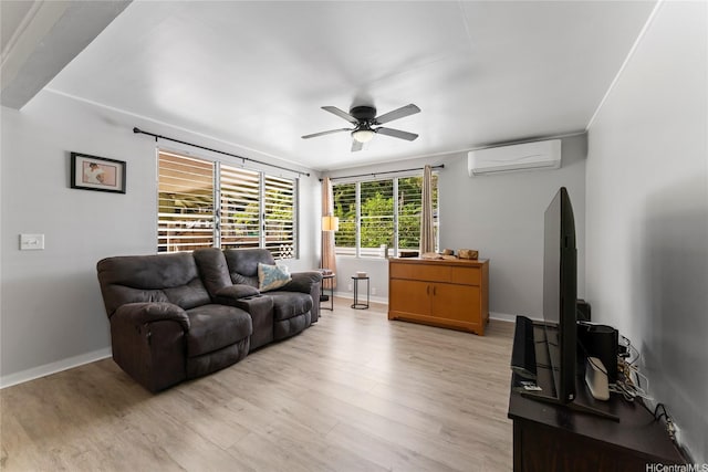 45-533 Pahia Rd, Kaneohe, HI 96744 - living room featuring baseboards, light wood finished floors, ceiling fan, and a wall mounted AC