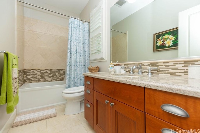 91-1068 Kaikohola St, Ewa Beach, HI 96706 - bathroom with toilet, tasteful backsplash, tile patterned flooring, shower / bathtub combination with curtain, and vanity