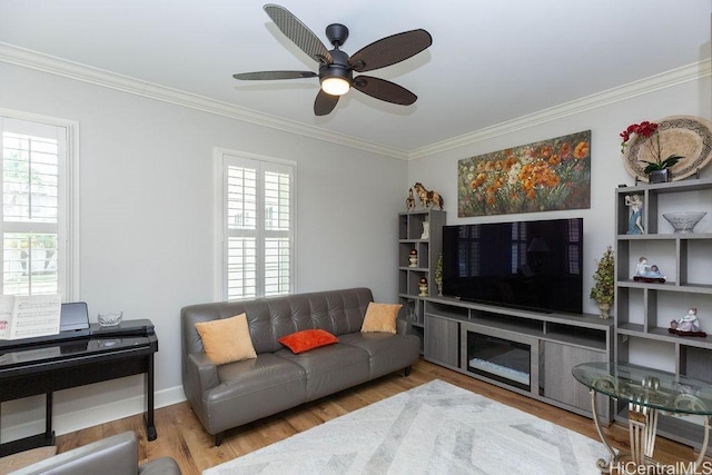 91-1068 Kaikohola St, Ewa Beach, HI 96706 - living room with baseboards, a ceiling fan, wood finished floors, and crown molding