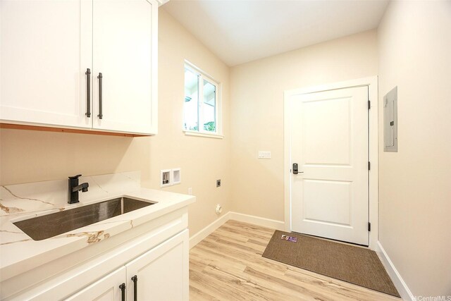 15-1692 7th Ave, Keaau, HI 96749 - washroom featuring electric dryer hookup, cabinet space, light wood-type flooring, hookup for a washing machine, and electric panel