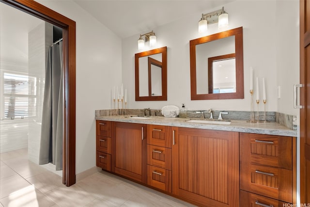 75 Poipu Dr, Honolulu, HI 96825 - bathroom with a shower with curtain, double vanity, tile patterned flooring, and a sink